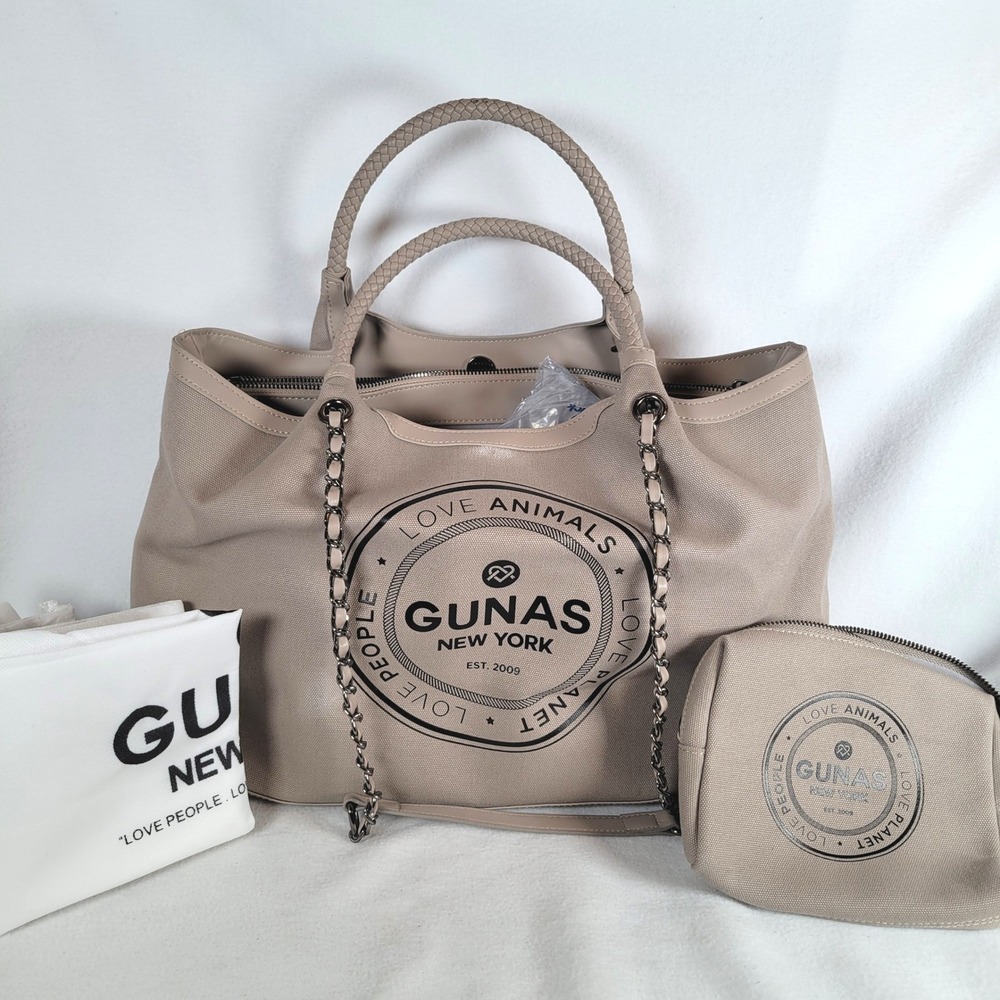 Gunas New York Womens Ruth Canvas Double Handle Large Tote Bag Pouch Stone Beige